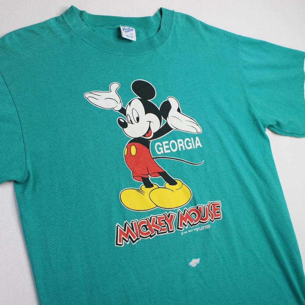 Vintage 80s Disney Mickey Mouse T-Shirt Green Velva Sheen Georgia Size Large